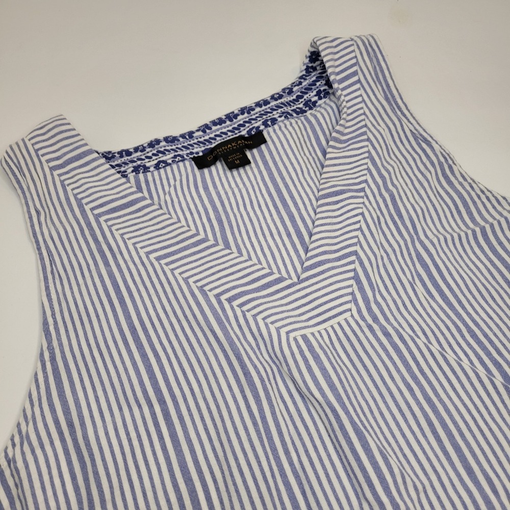 Donna Karen Blue/White Stripe Sleeveless Sleep Dress, Floral Border, Size Medium